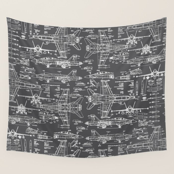 F-18 Blueprints // Charcoal-Grey Wall Tapestry Gallery Image 1