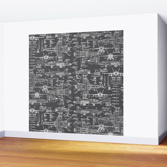 F-18 Blueprints // Charcoal-Grey Wall Mural Gallery Image 2