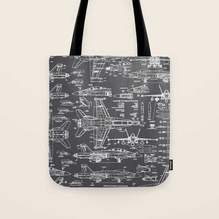 F-18 Blueprints // Charcoal-Grey Tote Bag Gallery Image 1