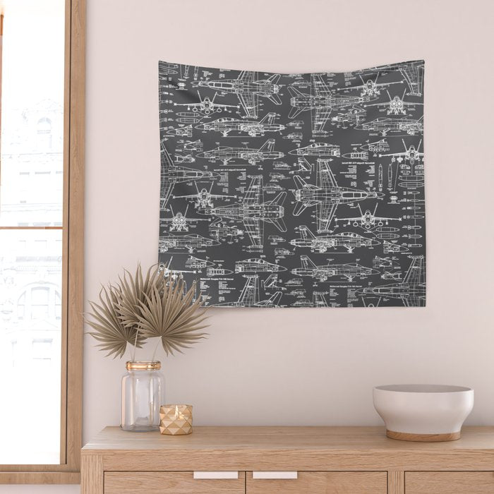 F-18 Blueprints // Charcoal-Grey Wall Tapestry Gallery Image 2