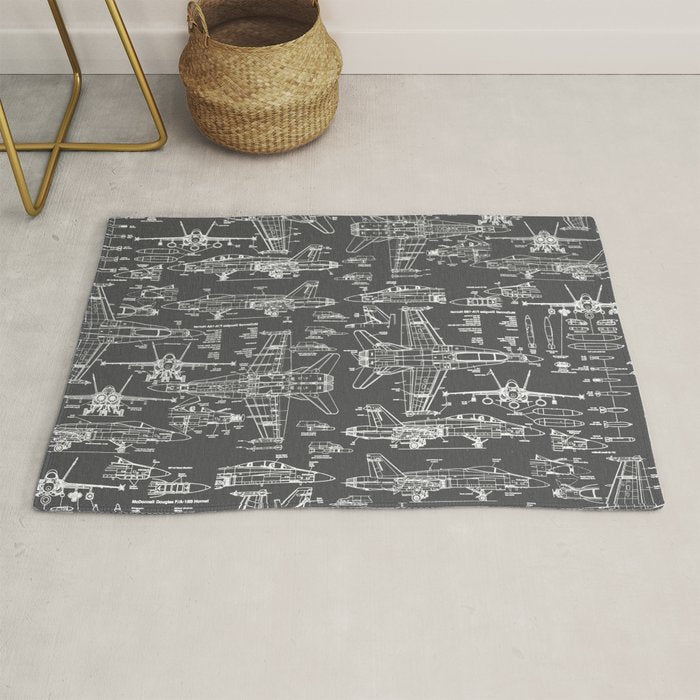 F-18 Blueprints // Charcoal-Grey Rug Gallery Image 1