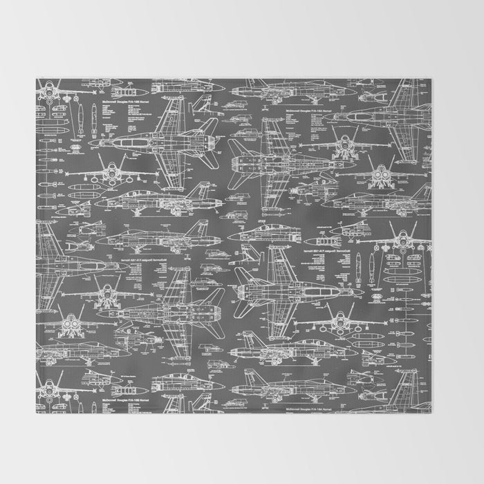 F-18 Blueprints // Charcoal-Grey Throw Blanket Gallery Image 2