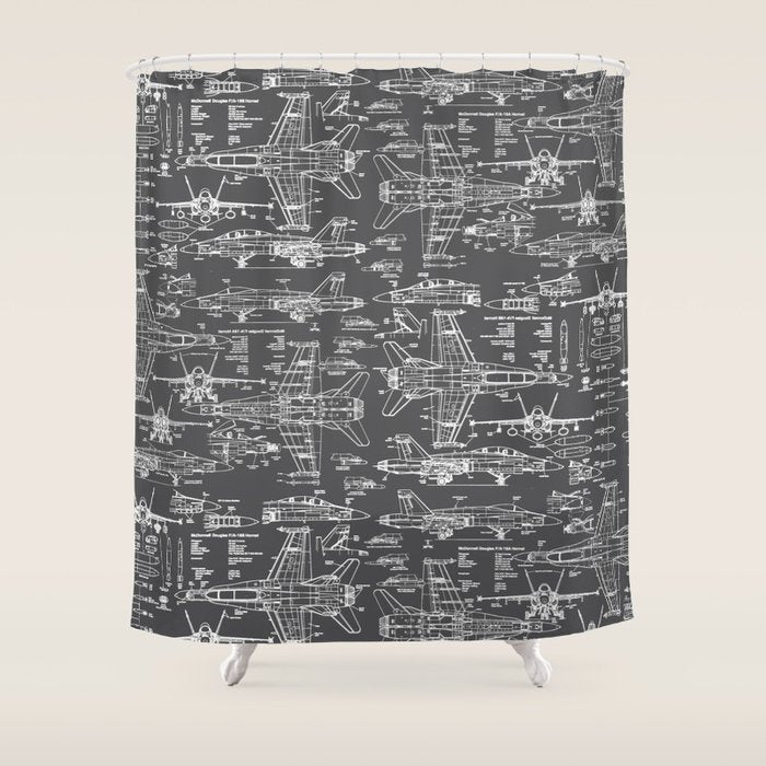 F-18 Blueprints // Charcoal-Grey Shower Curtain Gallery Image 1