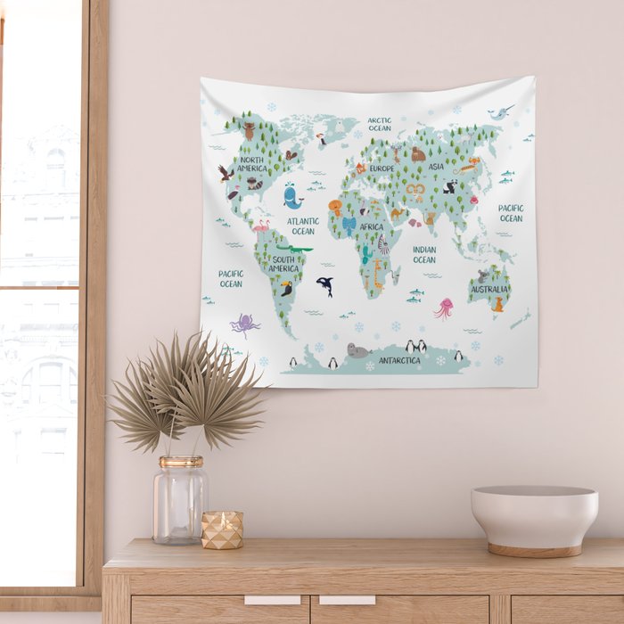 Animal World Map Wall Tapestry Gallery Image 2