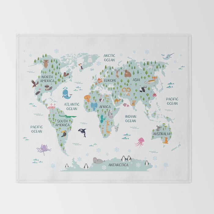Animal World Map Throw Blanket Gallery Image 2