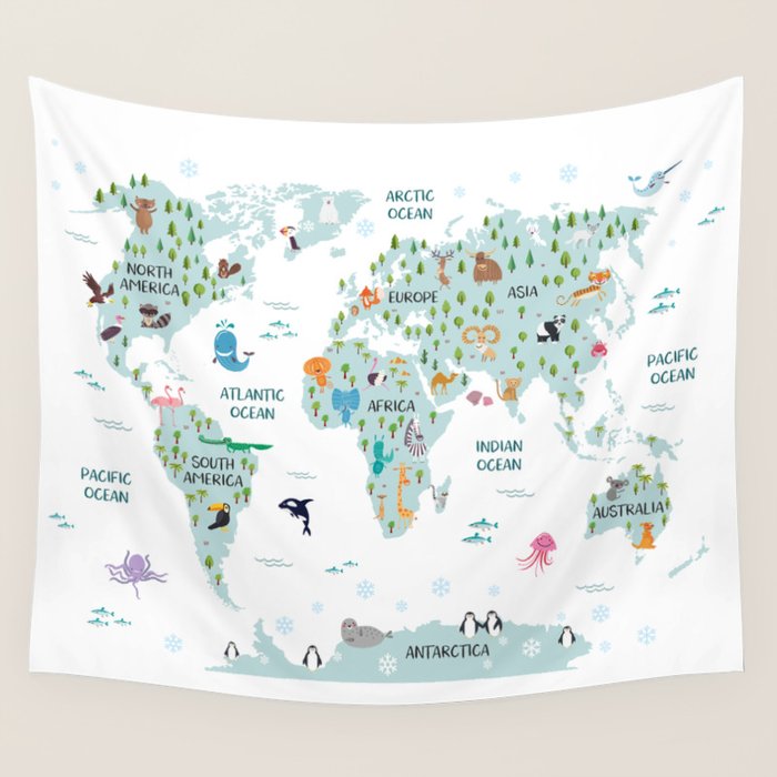 Animal World Map Wall Tapestry Gallery Image 4