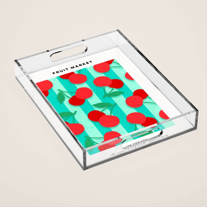 Cherry fruit market poster on aqua and turquoise stripes Acrylic Tray Gallery Image 1