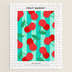 Cherry fruit market poster on aqua and turquoise stripes Jigsaw Puzzle Gallery Image 1