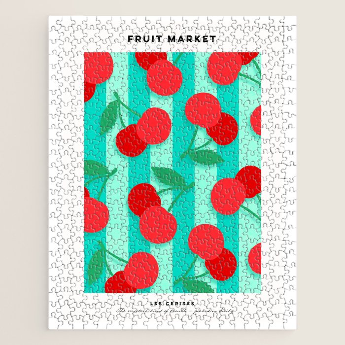 Cherry fruit market poster on aqua and turquoise stripes Jigsaw Puzzle Gallery Image 1