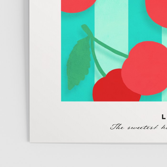 Cherry fruit market poster on aqua and turquoise stripes Poster Gallery Image 3