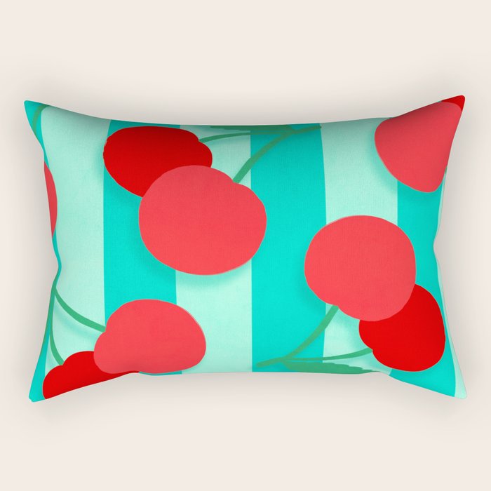 Cherry fruit market poster on aqua and turquoise stripes Rectangular Pillow Gallery Image 2