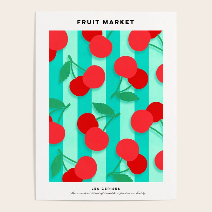 Cherry fruit market poster on aqua and turquoise stripes Poster Gallery Image 1