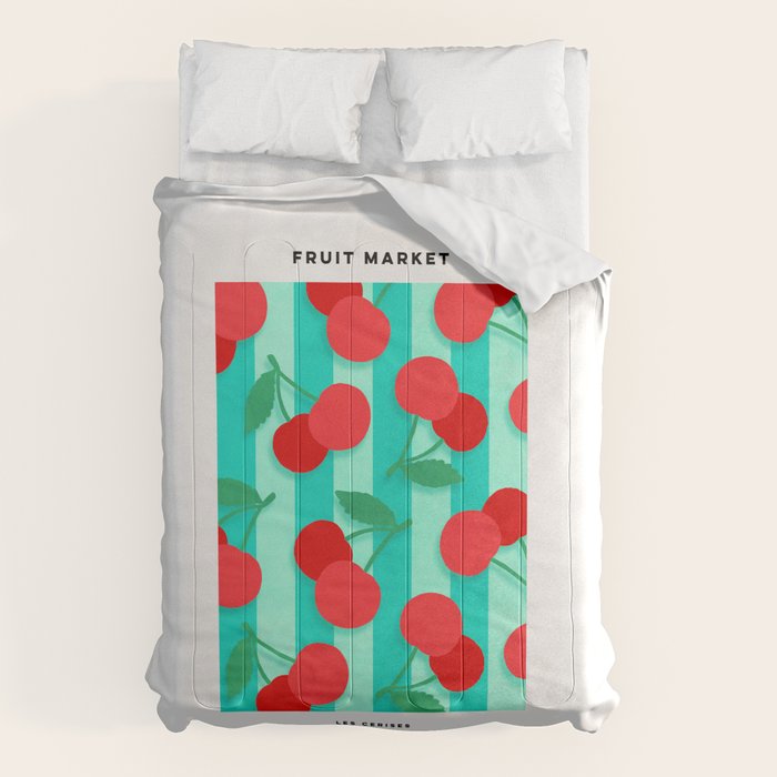 Cherry fruit market poster on aqua and turquoise stripes Comforter Gallery Image 6
