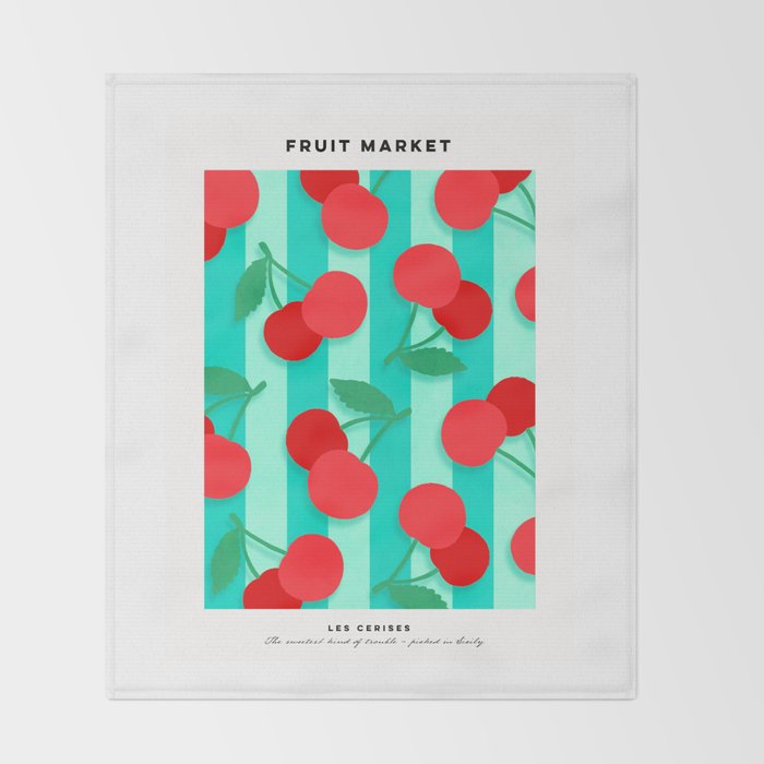Cherry fruit market poster on aqua and turquoise stripes Throw Blanket Gallery Image 2