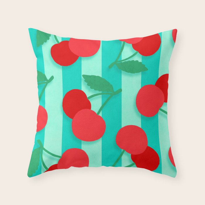 Cherry fruit market poster on aqua and turquoise stripes Throw Pillow Gallery Image 6