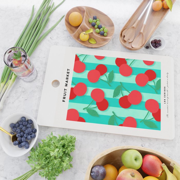 Cherry fruit market poster on aqua and turquoise stripes Cutting Board Gallery Image 2