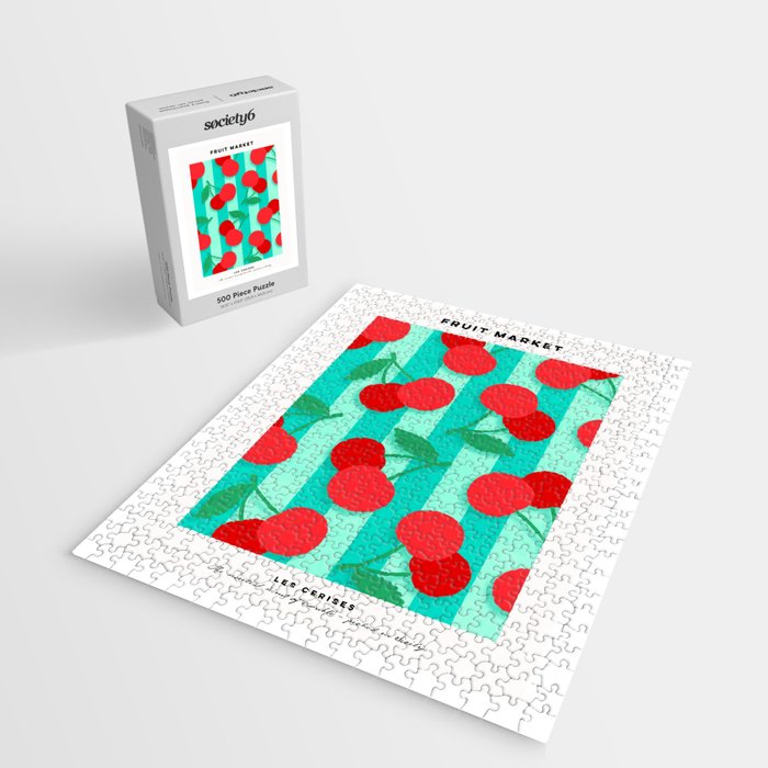 Cherry fruit market poster on aqua and turquoise stripes Jigsaw Puzzle Gallery Image 2