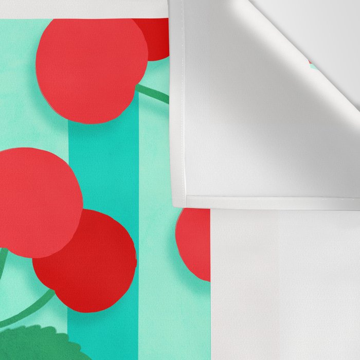 Cherry fruit market poster on aqua and turquoise stripes Wall Tapestry Gallery Image 3