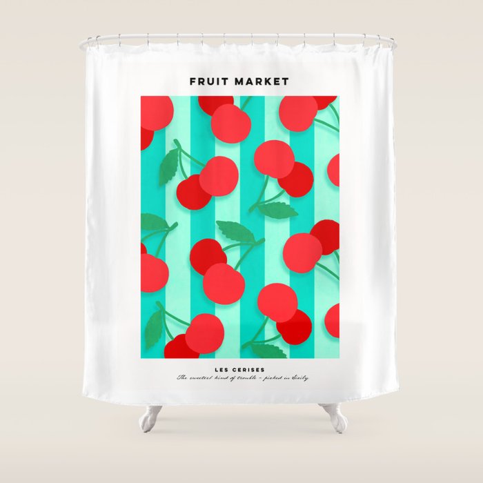 Cherry fruit market poster on aqua and turquoise stripes Shower Curtain Gallery Image 1
