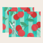Cherry fruit market poster on aqua and turquoise stripes Placemat Gallery Image 1