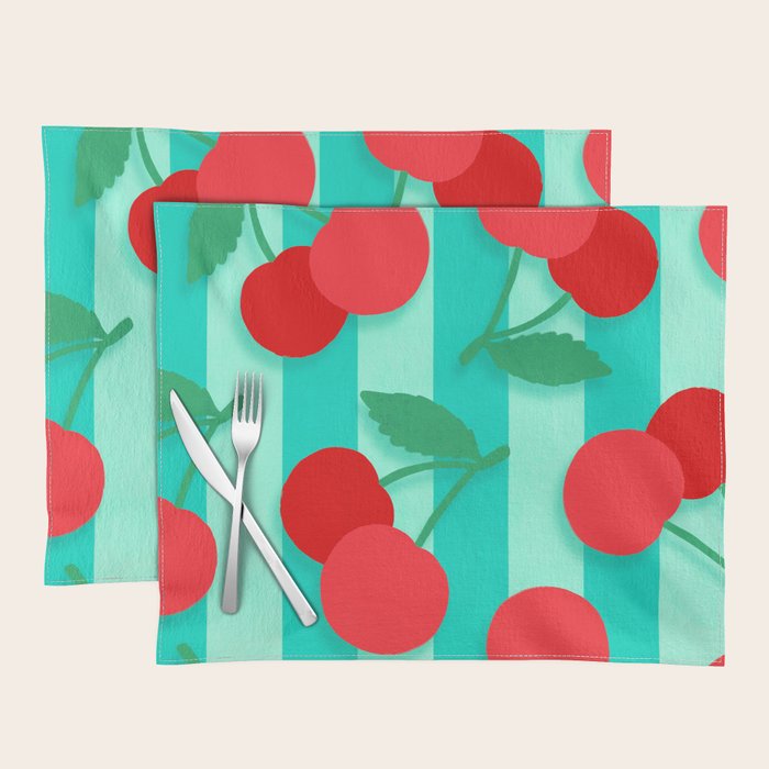 Cherry fruit market poster on aqua and turquoise stripes Placemat Gallery Image 1