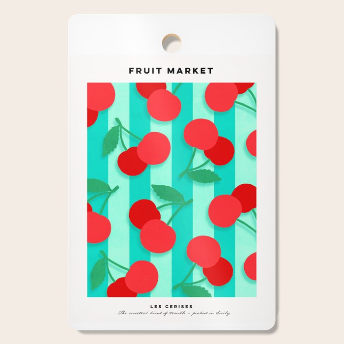 Cherry fruit market poster on aqua and turquoise stripes Cutting Board Gallery Image 1