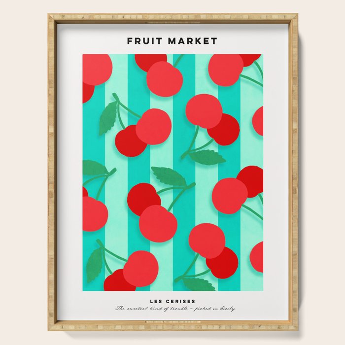 Cherry fruit market poster on aqua and turquoise stripes Serving Tray Gallery Image 1