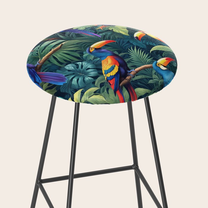 Toucan Jungle, Dark Tropical Botanical Nature Plants, Animals Wildlife Birds Monstera Summer, Forest Bohemian Vintage Stool Gallery Image 2
