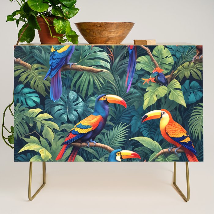 Toucan Jungle, Dark Tropical Botanical Nature Plants, Animals Wildlife Birds Monstera Summer, Forest Bohemian Vintage Credenza Gallery Image 1
