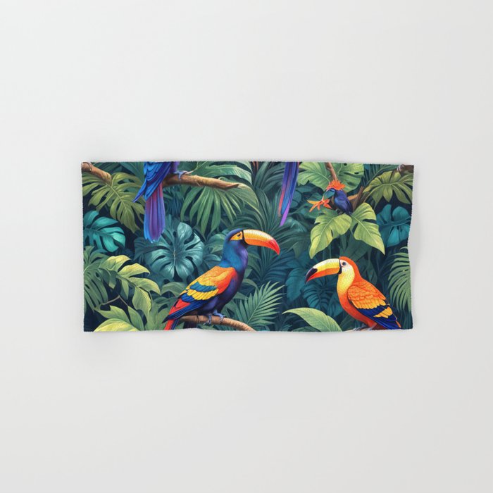 Toucan Jungle, Dark Tropical Botanical Nature Plants, Animals Wildlife Birds Monstera Summer, Forest Bohemian Vintage Bath Towel Gallery Image 1