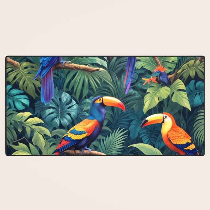 Toucan Jungle, Dark Tropical Botanical Nature Plants, Animals Wildlife Birds Monstera Summer, Forest Bohemian Vintage Desk Mat Gallery Image 3