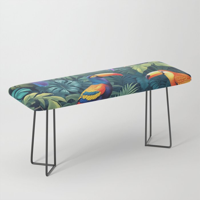 Toucan Jungle, Dark Tropical Botanical Nature Plants, Animals Wildlife Birds Monstera Summer, Forest Bohemian Vintage Bench Gallery Image 1