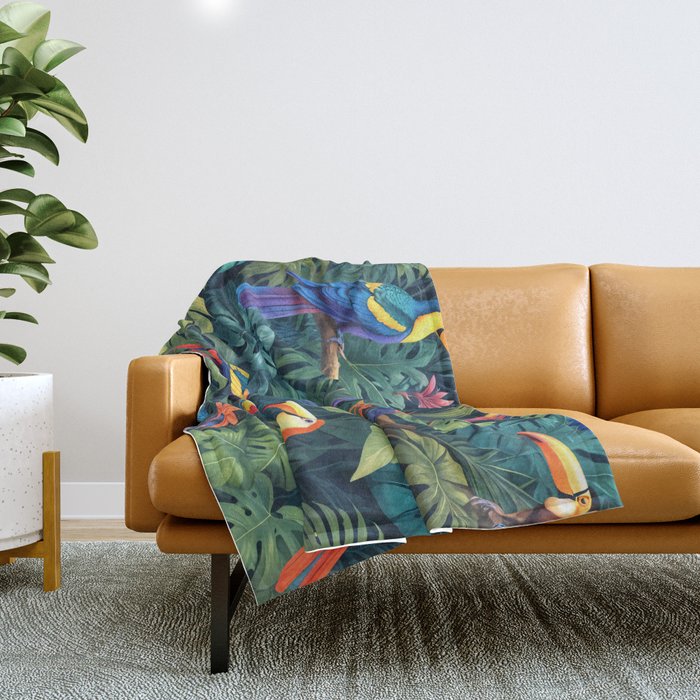 Toucan Jungle, Dark Tropical Botanical Nature Plants, Animals Wildlife Birds Monstera Summer, Forest Bohemian Vintage Throw Blanket Gallery Image 1
