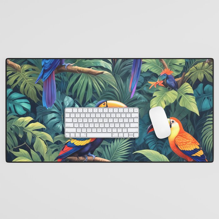 Toucan Jungle, Dark Tropical Botanical Nature Plants, Animals Wildlife Birds Monstera Summer, Forest Bohemian Vintage Desk Mat Gallery Image 1