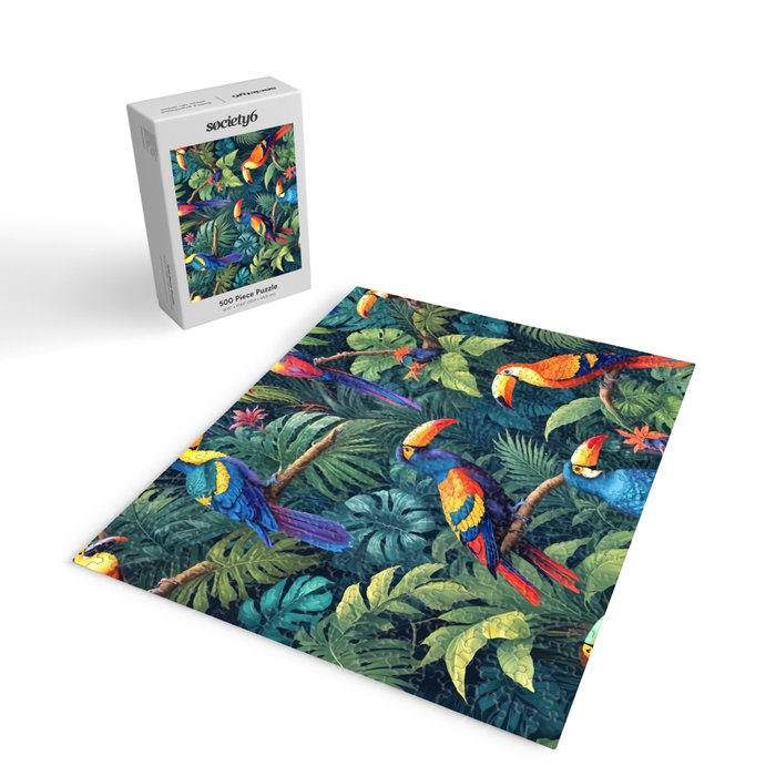 Toucan Jungle, Dark Tropical Botanical Nature Plants, Animals Wildlife Birds Monstera Summer, Forest Bohemian Vintage Jigsaw Puzzle Gallery Image 2