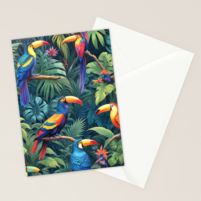 Toucan Jungle, Dark Tropical Botanical Nature Plants, Animals Wildlife Birds Monstera Summer, Forest Bohemian Vintage Stationery Card Gallery Image 2