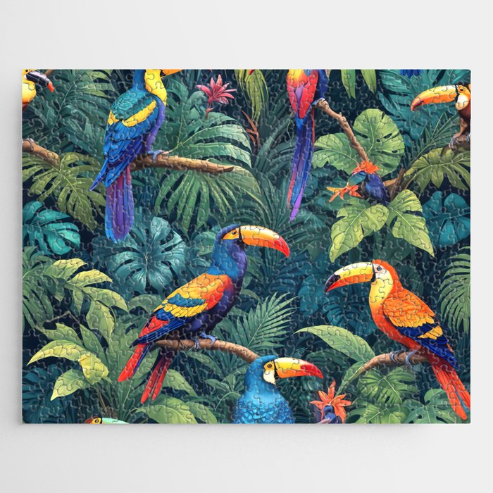 Toucan Jungle, Dark Tropical Botanical Nature Plants, Animals Wildlife Birds Monstera Summer, Forest Bohemian Vintage Jigsaw Puzzle Gallery Image 1