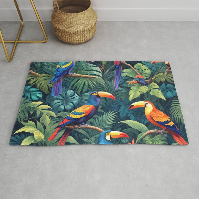 Toucan Jungle, Dark Tropical Botanical Nature Plants, Animals Wildlife Birds Monstera Summer, Forest Bohemian Vintage Rug Gallery Image 1