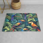 Toucan Jungle, Dark Tropical Botanical Nature Plants, Animals Wildlife Birds Monstera Summer, Forest Bohemian Vintage Rug Gallery Image 1