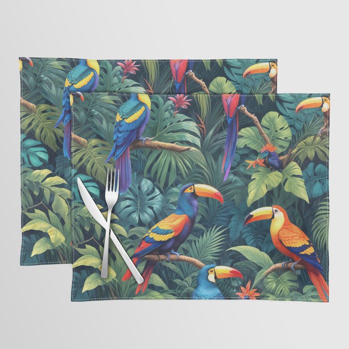 Toucan Jungle, Dark Tropical Botanical Nature Plants, Animals Wildlife Birds Monstera Summer, Forest Bohemian Vintage Placemat Gallery Image 1