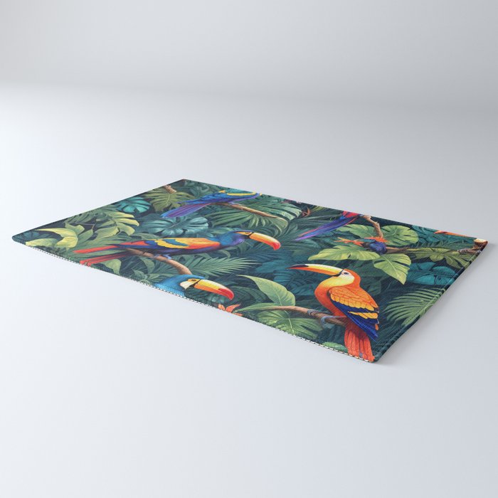 Toucan Jungle, Dark Tropical Botanical Nature Plants, Animals Wildlife Birds Monstera Summer, Forest Bohemian Vintage Rug Gallery Image 3