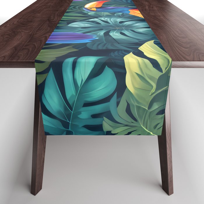 Toucan Jungle, Dark Tropical Botanical Nature Plants, Animals Wildlife Birds Monstera Summer, Forest Bohemian Vintage Table Runner Gallery Image 1