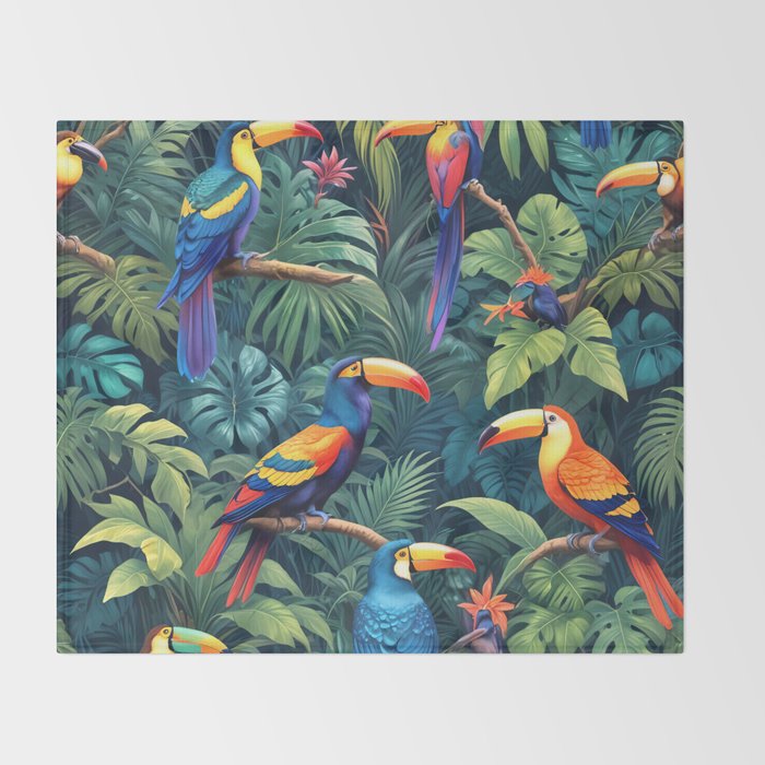 Toucan Jungle, Dark Tropical Botanical Nature Plants, Animals Wildlife Birds Monstera Summer, Forest Bohemian Vintage Throw Blanket Gallery Image 2