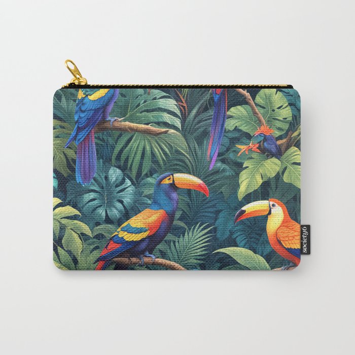 Toucan Jungle, Dark Tropical Botanical Nature Plants, Animals Wildlife Birds Monstera Summer, Forest Bohemian Vintage Carry All Pouch Gallery Image 1