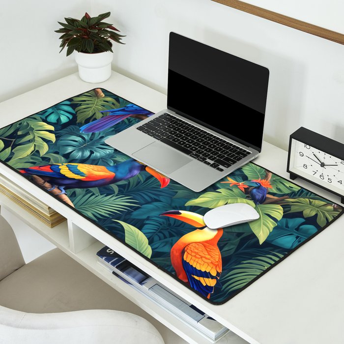 Toucan Jungle, Dark Tropical Botanical Nature Plants, Animals Wildlife Birds Monstera Summer, Forest Bohemian Vintage Desk Mat Gallery Image 2