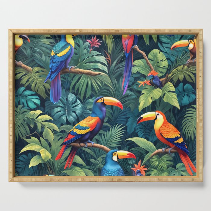 Toucan Jungle, Dark Tropical Botanical Nature Plants, Animals Wildlife Birds Monstera Summer, Forest Bohemian Vintage Serving Tray Gallery Image 1