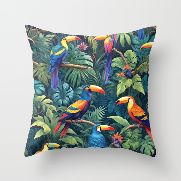 Toucan Jungle, Dark Tropical Botanical Nature Plants, Animals Wildlife Birds Monstera Summer, Forest Bohemian Vintage Throw Pillow Gallery Image 6