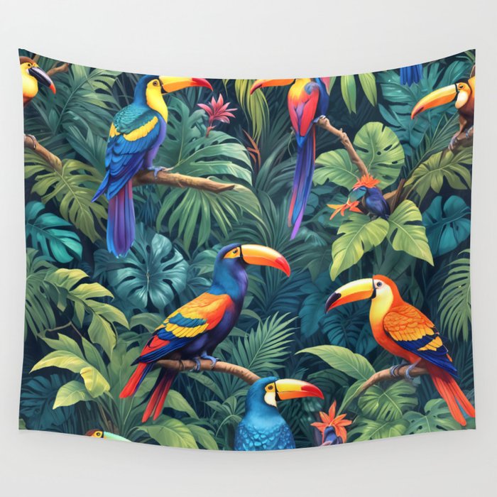 Toucan Jungle, Dark Tropical Botanical Nature Plants, Animals Wildlife Birds Monstera Summer, Forest Bohemian Vintage Wall Tapestry Gallery Image 4