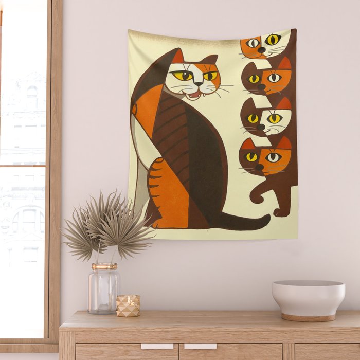Inagaki Tomoo Vintage Japanese Woodblock print mid century Modern Cubism Art Cats Feline Wall Tapestry Gallery Image 2