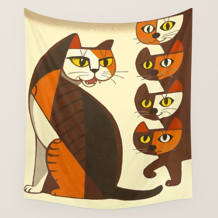 Inagaki Tomoo Vintage Japanese Woodblock print mid century Modern Cubism Art Cats Feline Wall Tapestry Gallery Image 1
